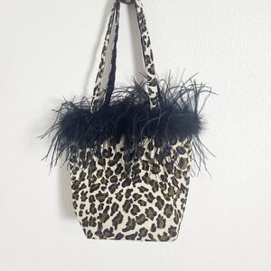 Leopard Print Bag with Black Feather Trim